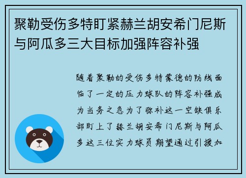 聚勒受伤多特盯紧赫兰胡安希门尼斯与阿瓜多三大目标加强阵容补强