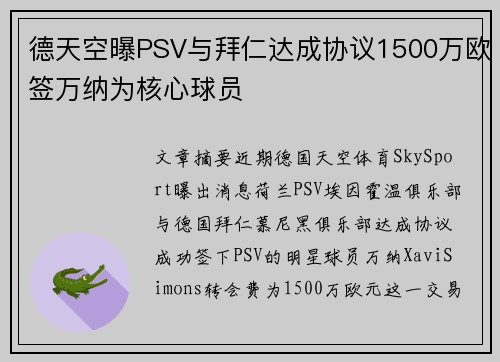 德天空曝PSV与拜仁达成协议1500万欧签万纳为核心球员