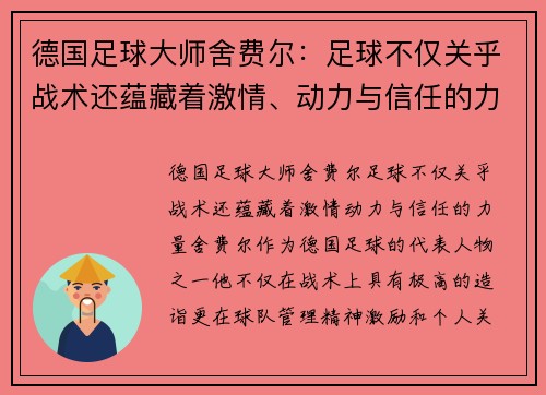德国足球大师舍费尔：足球不仅关乎战术还蕴藏着激情、动力与信任的力量